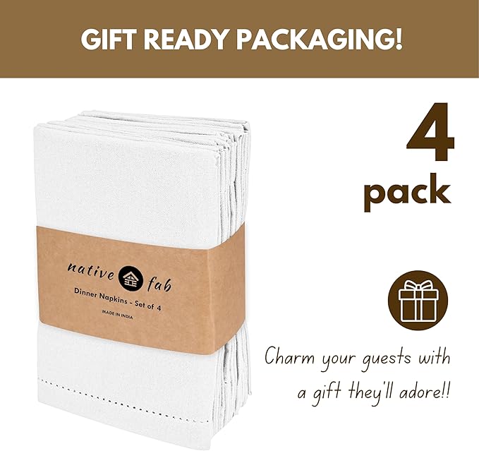 Native Fab Set of 4 Cotton Cloth Napkins, 18x18 inch, Hemstitch Mitered Corners, Soft, Absorbent, Durable Fabric, Premium Linen Napkins for Wedding, Lunch, Dinner, and Everyday Use - White