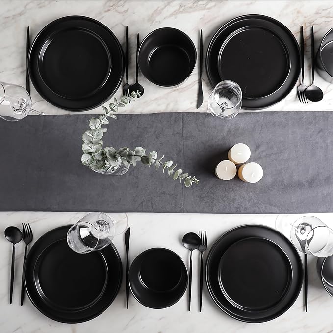 Stone Lain Celina Stoneware 32 Piece Dinnerware Set, Plates and Bowls, Black Matte Dish Collection, Service for 8 – Contemporary Minimalist Style, Microwave & Dishwasher Safe