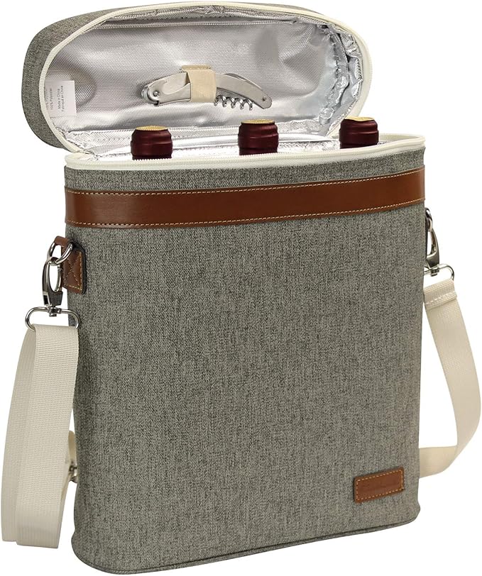 ZORMY 3 Bottle Insulated Wine Tote Cooler Bag, Portable Carrier with Corkscrew Opener and Shoulder Strap for Beach Travel Picnic, Unique Gift for Wine Lovers, Brushed Khaki