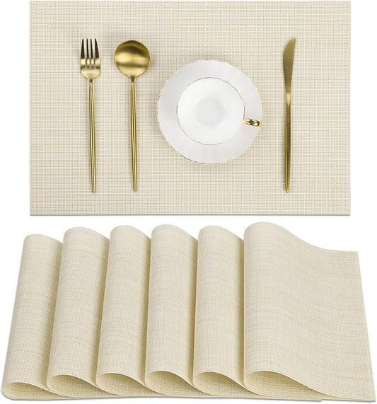 SHACOS Placemats Set of 6 Woven Vinyl Place Mats Wipeable Heat Resistant Stain Resistant Table Mats Indoor Outdoor, Beige White