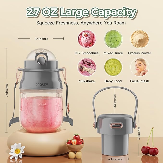 Portable Blender, Prasky Personal Blenders for Shakes and Smoothies with 27oz Cup, Lid and Shoulder Strap, Type-C USB Rechargeable, Personal Size Blenders BPA-free for Travel/Kitchen (Light Gray)