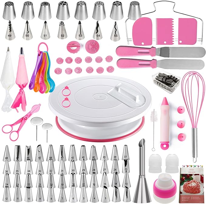 Cake Decorating Kit,137pcs Cake Decorating Supplies with Cake Turntable for Decorating,Pastry Piping Bag,Russian Piping Tips Baking Tools, Cake Baking Supplies for Beginners(Pink)