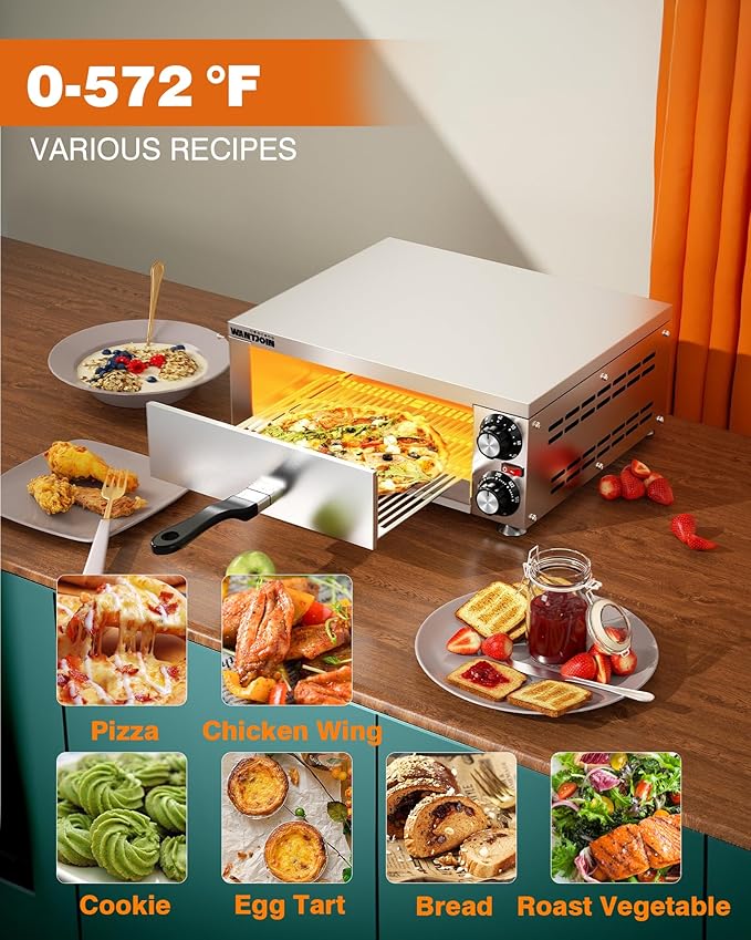 Wantjoin Pizza Oven Indoor - Electric Pizza Ovens Stainless Steel Commercial Countertop Pizza Maker Fits 12" Pizzas, With Timer Crumb Tray, 110W, For Home, Bars, Food Trucks