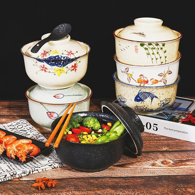 Ceramic Ramen Bowl Set, 800ml, with Lid, Spoon and Chopsticks, Japanese Vintage Large Soup Bowls Instant Noodle Bowl Asian Tableware (Black*1)