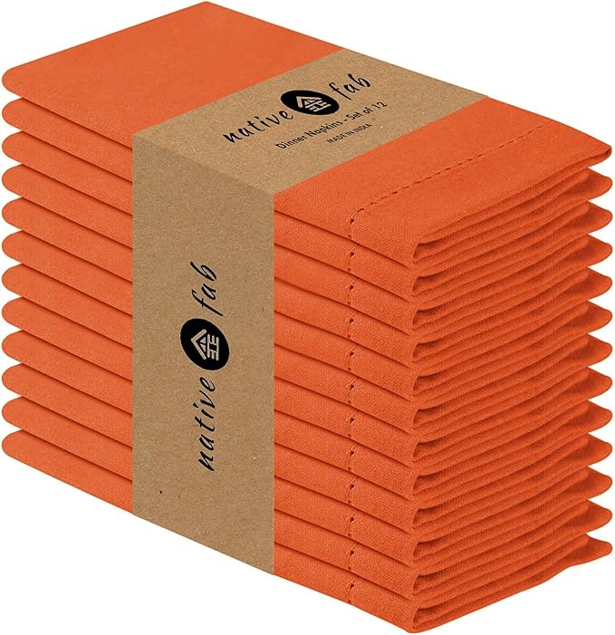 Native Fab Set of 12 Cloth Napkins Hemstitch Corners, 100% Cotton, 18x18 inch, Soft, Absorbent, Washable, Easy Care, Restaurant Hotel Quality - Wedding, Events, Lunch, Dinner Napkins - Orange