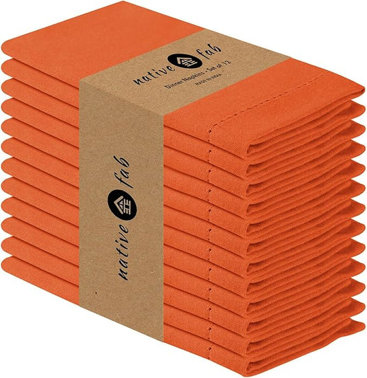 Native Fab Set of 12 Cloth Napkins Hemstitch Corners, 100% Cotton, 18x18 inch, Soft, Absorbent, Washable, Easy Care, Restaurant Hotel Quality - Wedding, Events, Lunch, Dinner Napkins - Orange