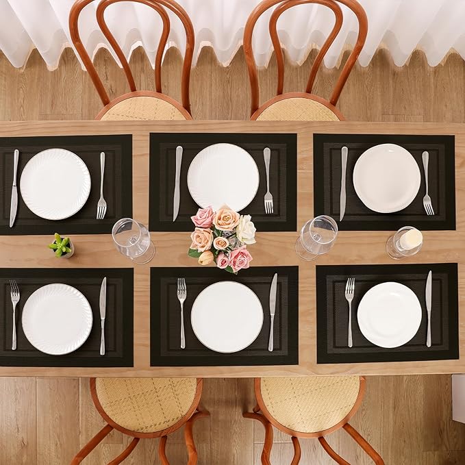 SHACOS Woven Vinyl Placemats Set of 4 Wipe Clean Place Mats for Dining Table Heat Resistant PVC Weave Table Mats Indoor Outdoor (4, Frame Black Gold)