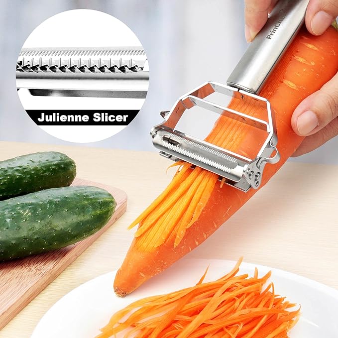 PrinChef Vegetable Peeler, 3 in 1 Versatile Y Potato Peeler for Kitchen| Ultra Sharp Julienne Peeler with Anti-Slip Handle | Stainless Steel No-Rust Veggie Peeler, Heavy Duty