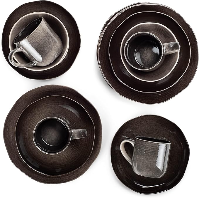 Elanze Designs Reactive Glaze Farmhouse Rustic Boho Ceramic Stoneware Dinnerware 16 Piece Plate Bowl Mug Dish Set - Service for 4, Mocha Grey Ombre