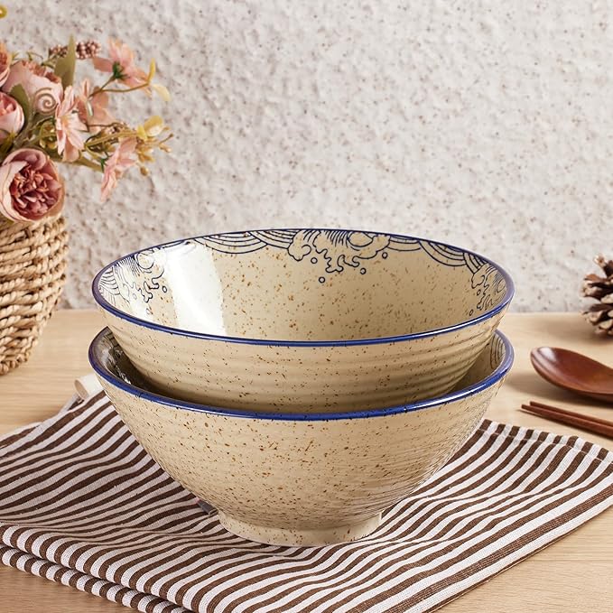 2 x 40 OZ ceramic ramen bowls, 8 IN large Japanese noodle soup bowl, match chopsticks and spoons, suitable for Pho, Udon Asian noodles (Japanese fish 2 set)