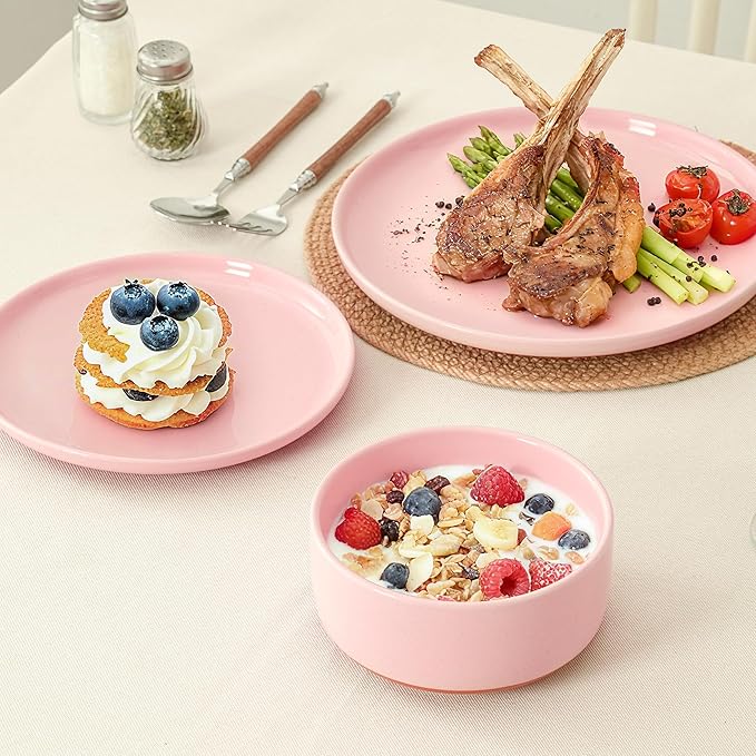 12 Piece Ceramic Dinnerware Set for 4, Modern Minimalist Stoneware Dinner Plates and Bowls, Microwave Safe, Dishwasher Safe, Versatile for All Seasons, Pink