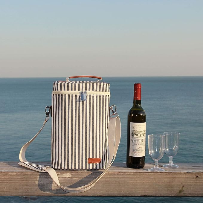 ZORMY 2 Bottle Wine Tote Carrier, Dark Blue, 750 mL Capacity, Polyester Material, With Shoulder Strap and Corkscrew