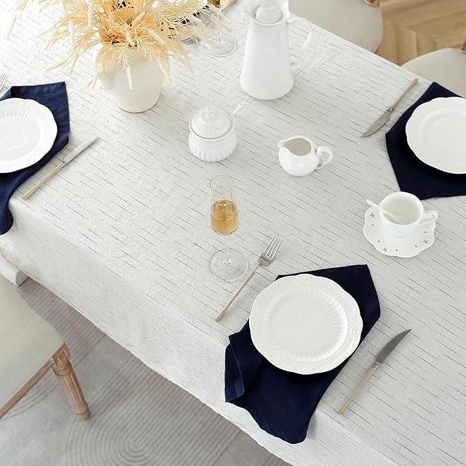 Linen World Stripe Linen Tablecloth, 100% French Navy Pinstripe Table Cloth 108" x 60" Inch, Washable Rectangular Tablecloth for Dining, Outdoor, Weddings and Restaurants, Decorative Easter