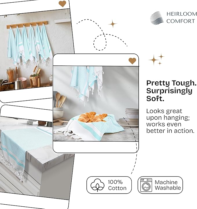 Aqua Blue Turkish Kitchen Towels 16x26 Inch, 12 Pack, 100% Cotton, Super Absorbent, Fast Dry, Machine Washable, Dish Towel with Tassels for Drying Dishes, Cleaning, Everyday Use