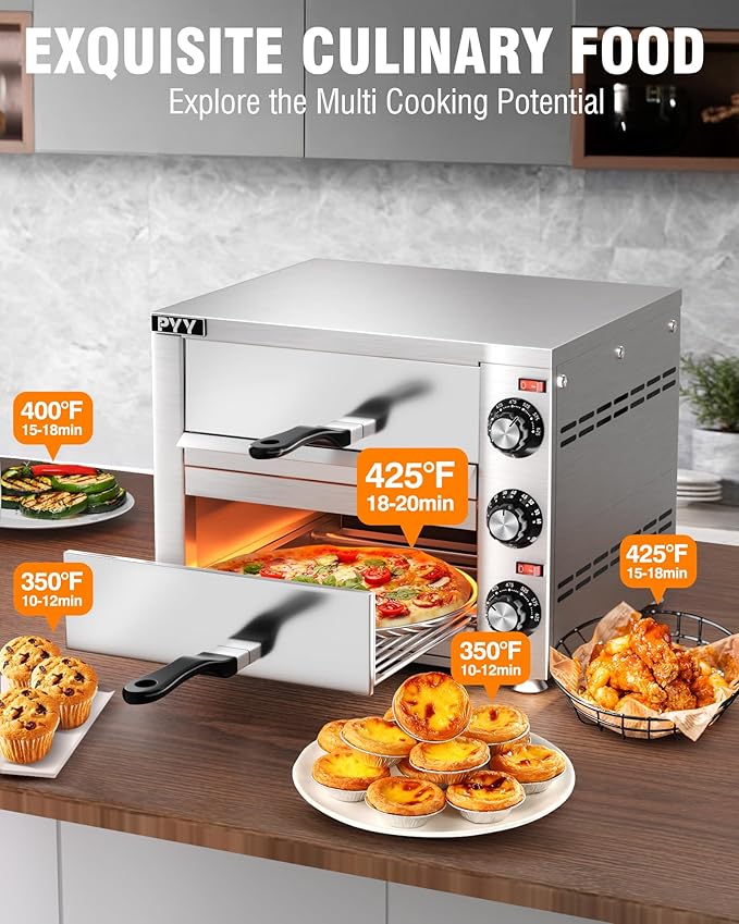 PYY Commercial Pizza Oven -12 Inch Double Decker Pizza Ovens 2-Layers Countertop Pizza Cooker Electric Indoor with Timer Stainless Steel Pizza Maker for Party Restaurant Home, Silver
