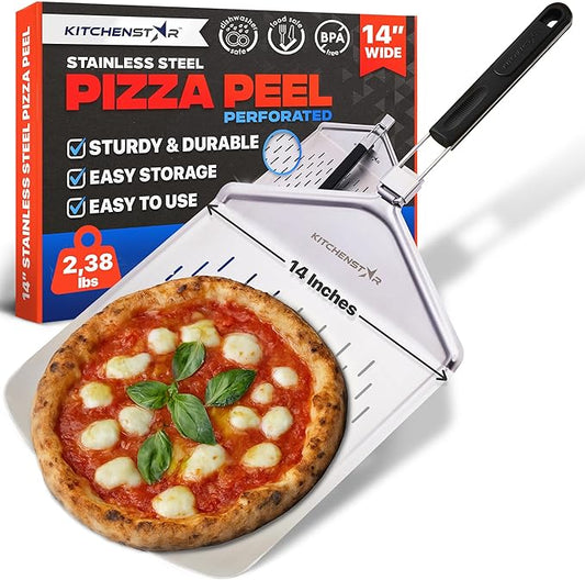 KitchenStar Perforated Pizza Peel 14 inch with 10 inch Folding Handle, Large - Stainless Steel Spatula Paddle for Effortless Pizza Transfer & Easy Storrage - Outdoor Pizza Oven Accessories
