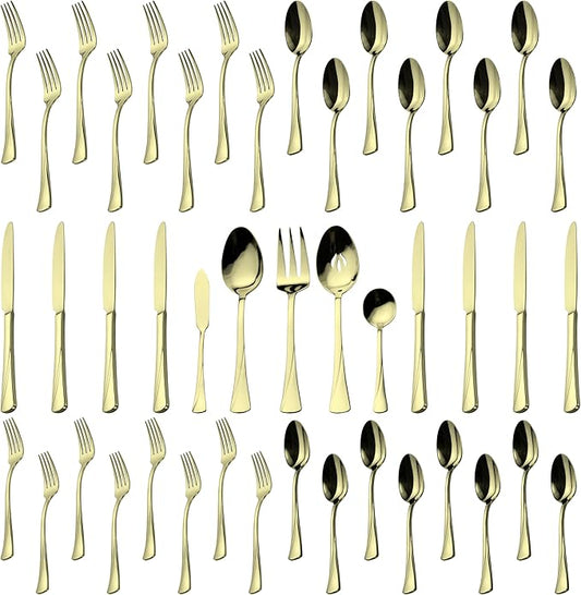 Alata Alice Champagne Gold Mirror 45-Piece Silverware Set Stainless Steel Flatware Set,Service for 8,Mirror Polished Cutlery Set,Dishwasher Safe