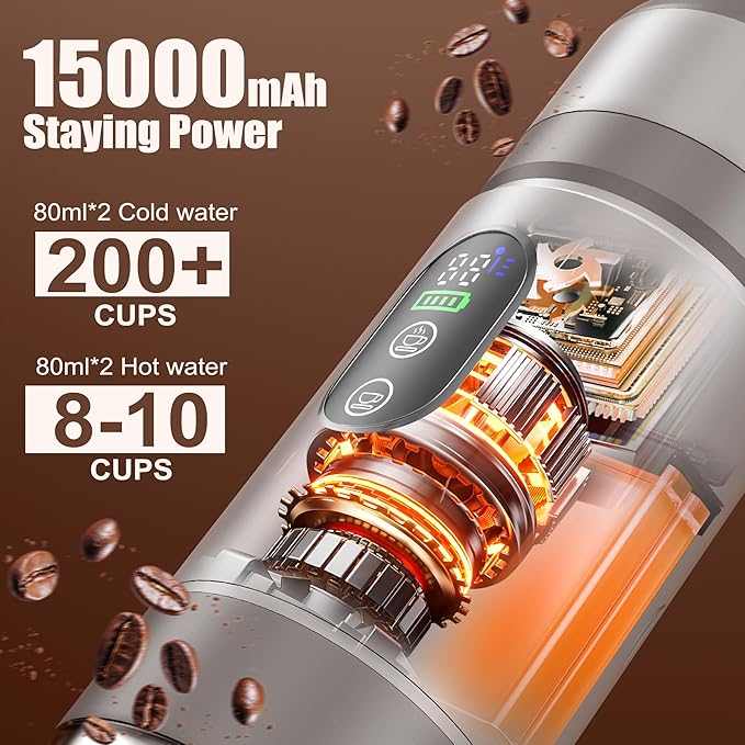 Portable Coffee Machine with 2 Removable rechargeable Batteries 15,000mAh, Electric Coffee Maker for Camping & Travel, 80ml Hot/Cold Coffee, 20bar, USB-C Espresso Machine, Camping Coffee Makers White