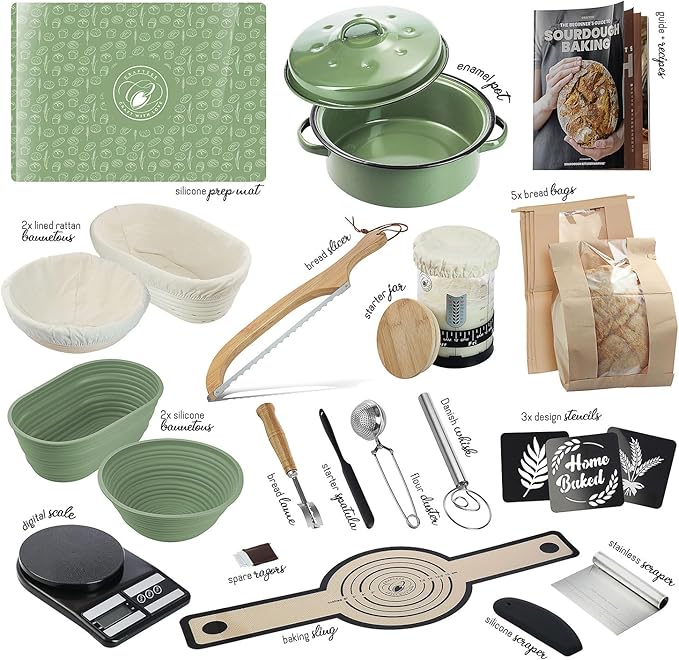 All-Inclusive 𝗣𝗥𝗘𝗠𝗜𝗨𝗠 Sourdough Starter Kit with Pot, 34 Oz Starter Jar, 4 Banneton Bread Proofing Baskets, Scraper, Scale, Sourdough Bread Baking Supplies, Detailed Beginner Guide & Recipes