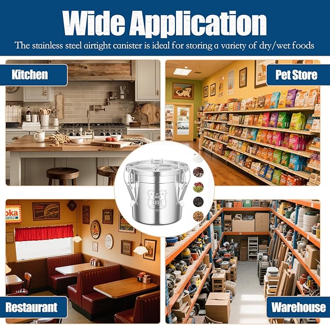 304 Stainless Steel Airtight Canister for Kitchen, 1.6Gal Stainless Steel Food Storage Containers with Lids and Sturdy Locking Clamp, Air Tight Containers for Flour Grain Coffee Bean Sugar Tea, 6L