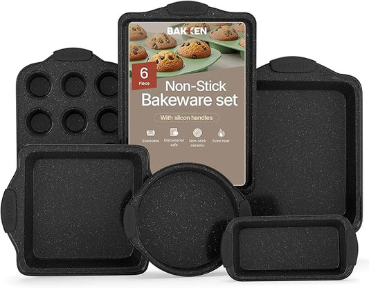 6-Piece Nonstick Gray Marble Coated Bakeware Set - Professional Quality Carbon Steel Pans with Silicone Handles - Ideal for Oven, Refrigerator, Freezer - Dishwasher Safe