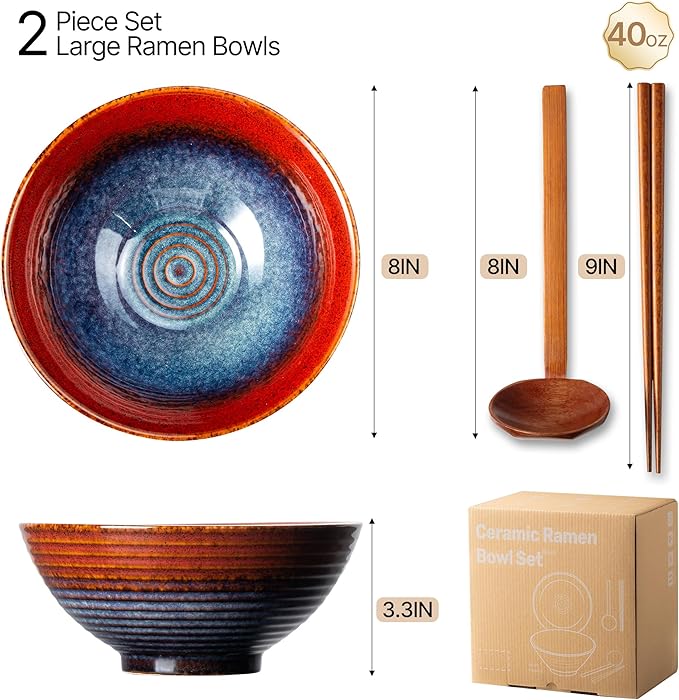 8 Inch Ceramic Ramen Bowl Set of 2, 40oz Japanese Bowls with Spoons & Chopsticks,Durable,Microwave & Dishwasher Safe,Perfect for Ramen,Pho,Salad,Soup,Noodles，Mixing bowls (Aurora Galaxy)