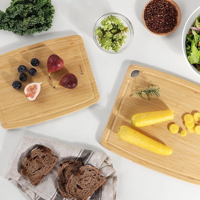 Lightweight Durable Bamboo Cutting Board Set with Non-Slip Feet, Wooden Cutting Boards for Busy Kitchen, Easy Storage & Clean Wooden Chopping Boards with Juice Groove Set of 2 (M+L)