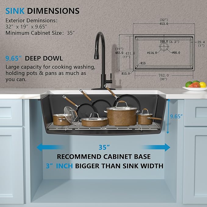 32x19 Granite Composite Kitchen Sink - Undermount Ledge Workstation Matte Black Quartz Classic Under Counter Single Bowl Basin