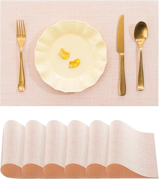 BACKTOEDEN Placemats Set of 6 Heat Resistant Washable Wipeable Placemat Woven Non-Slip Foldable Vinyl/Plastic Place Mats Indoor/Outdoor Mat Kitchen Dining Table Pad, Bright Silk Pink