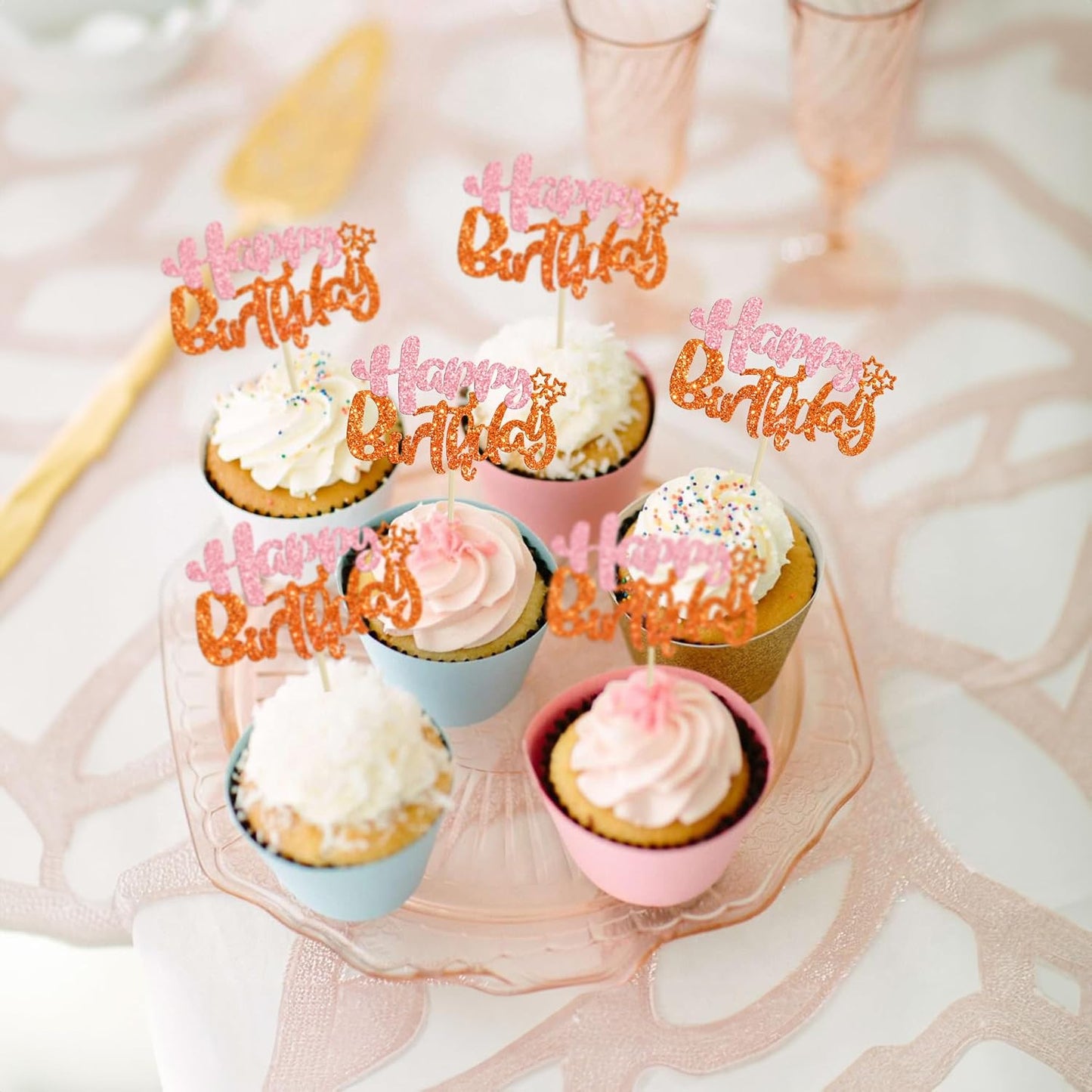Ephlyn 24Pcs Happy Birthday Cupcake Toppers - Double Layer Glitter - Pastel Pink Orange - Perfect for Birthday, Baby Shower & Anniversary Parties
