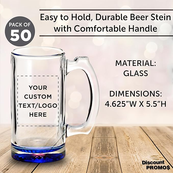 50 Libbey Beer Mugs Set, 12 oz. - Customizable Text, Logo - Groomsmen Glassware - Blue