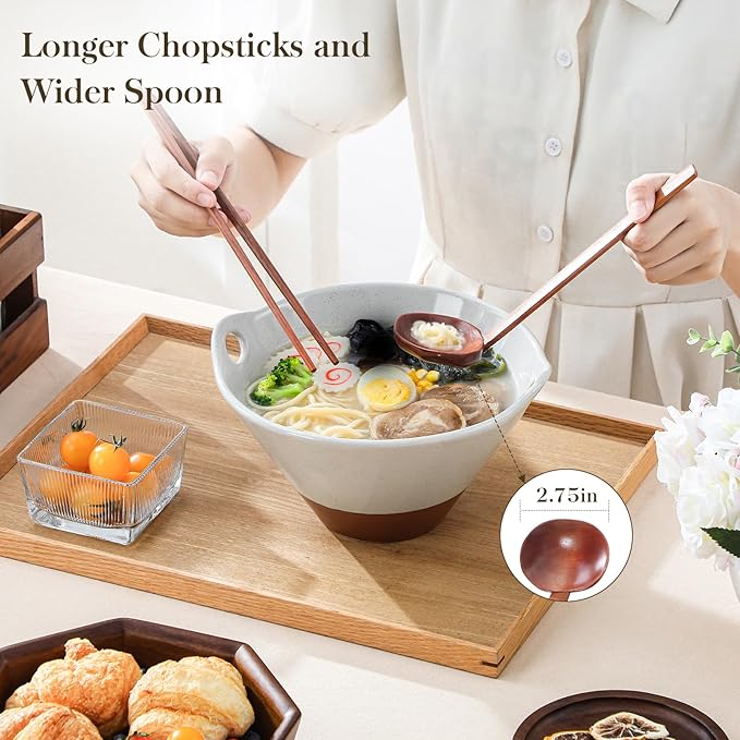 MALACASA 42 oz Ceramic Ramen Bowl Set with Wooden Spoon & Chopsticks, Japanese Style Soup Bowls for Ramen, Pho, Noodles – Set of 2, Microwave & Dishwasher Safe, Series TARA (Gray and Khaki)