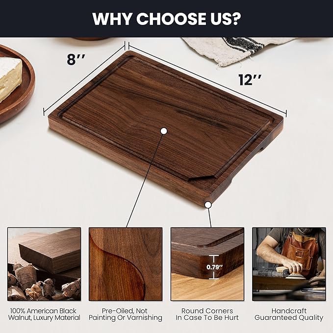 Walnut Wood Cutting Board for Kitchen with Deep Juice Groove & Side Handles, 12”L x 8”W x 0.8”H, Handcrafted North American Black Walnut Wood Grain, Small Chopping Board, Reversible Butcher Block