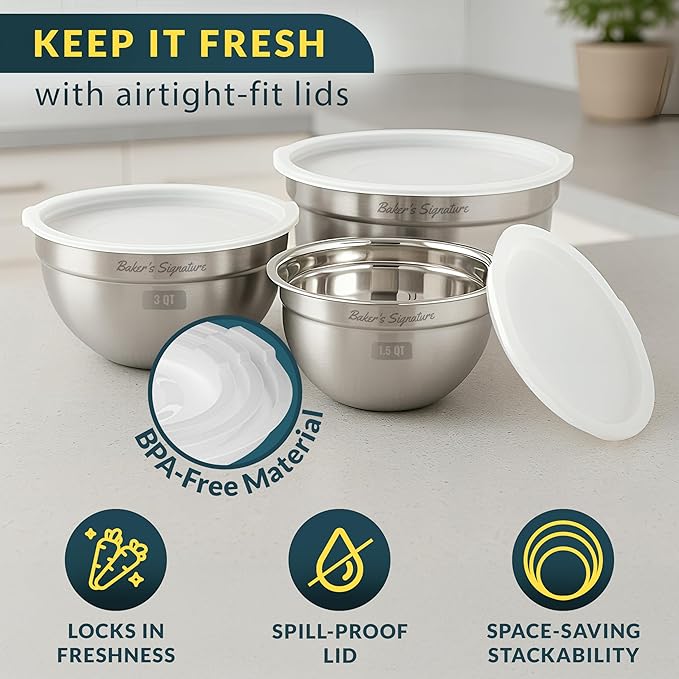 Baker's Signature Stainless Steel Mixing Bowls With Lid, Metal Mixing Bowl Set Of 3, Nesting Set For Food Prep, Baking,Storage, Cooking, Serving | Dishwasher Safe, Silver, 1.5/3/5 Qt