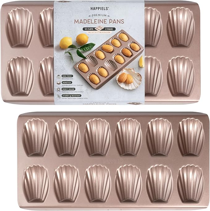 HAPPIELS Non Toxic Nonstick Madeleine Pan 12 Well Set of 2 (24 wells) | Non Stick Nontoxic Madeleines Pans for baking | Madeleine Cake Cookie Mold | Madeleine tray for oven | French tin 12
