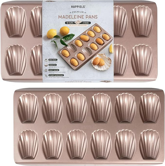 HAPPIELS Non Toxic Nonstick Madeleine Pan 12 Well Set of 2 (24 wells) | Non Stick Nontoxic Madeleines Pans for baking | Madeleine Cake Cookie Mold | Madeleine tray for oven | French tin 12