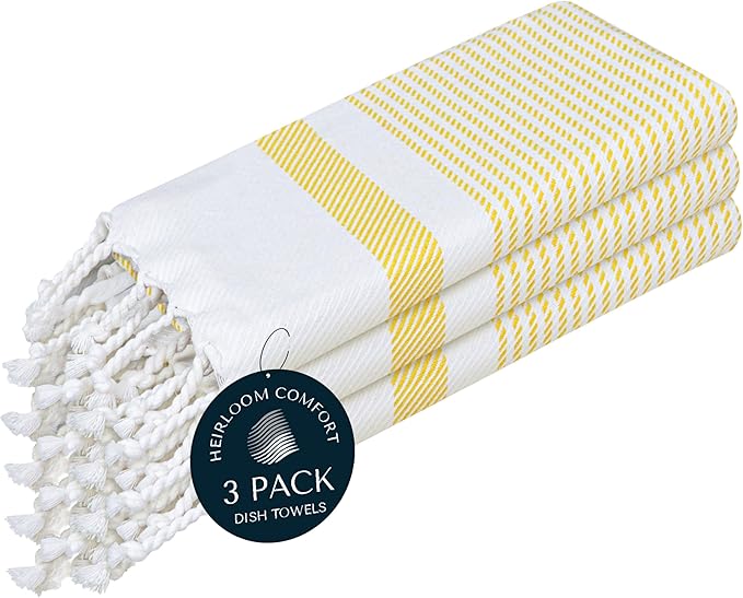 3 Pack Lemon Yellow Turkish Kitchen Towels 16"x26", 100% Cotton, Ultra Absorbent, Soft, Quick Dry, Washable, Dish Tea Towel with Tassels for Drying Dishes, Cleaning, Kitchen Use