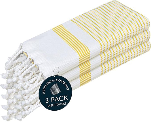 3 Pack Lemon Yellow Turkish Kitchen Towels 16"x26", 100% Cotton, Ultra Absorbent, Soft, Quick Dry, Washable, Dish Tea Towel with Tassels for Drying Dishes, Cleaning, Kitchen Use