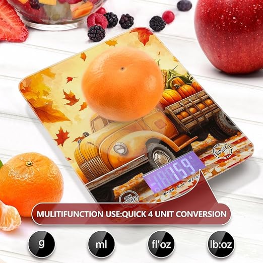 Fall Thanksgiving Pumpkin Truck Food Scale Kitchen Digital Scale Food Ounces and Grams Dieting Baking Cooking Waterproof Glass Panels LCD Display,4 Units Tare Function