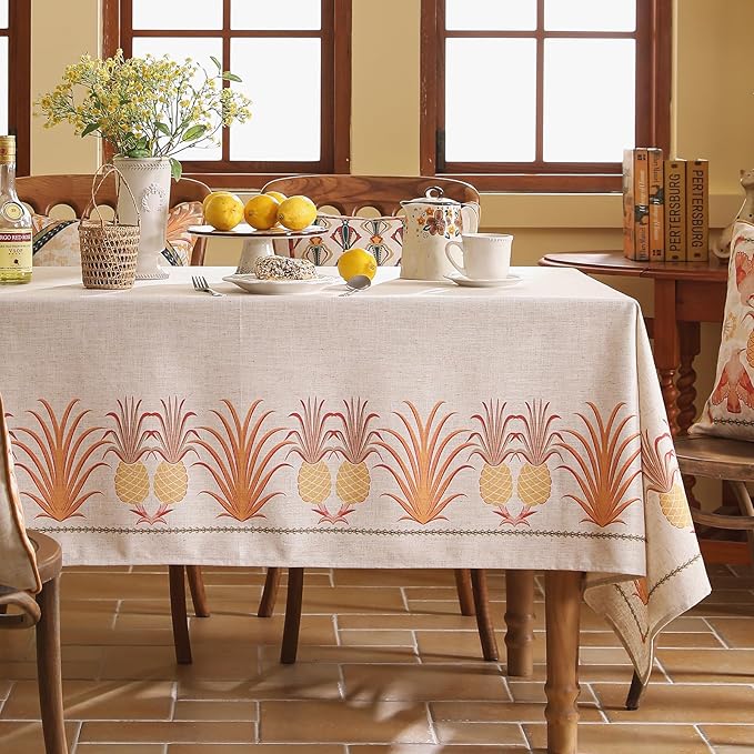 patdrea Designer Orange Tablecloth for Square Tables,Pineapple Tree Pattern Linen Tablecloth,Tropical Style Fruit Table Cover Cloth Decor for Kitchen Dining Christmas,67"*67"