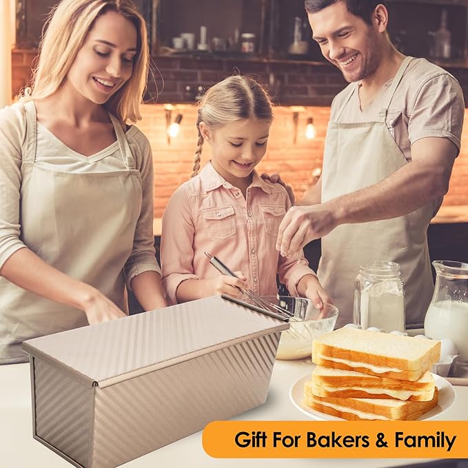 2-pack 2.2lb Gold Pullman Loaf Pan with Lid, Premium Non-Stick Coating Bread Pan, PFTE and PFOA-Free, Safe and Healthy Baking for Homemade Bread with Family-sized Recipes