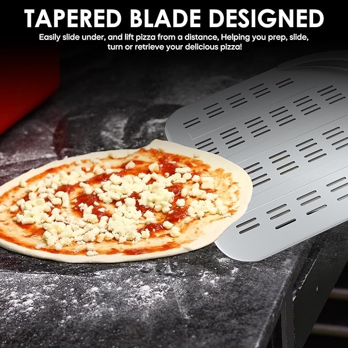 Pizza Peel – 12'' Extra Long Aluminum Perforated Launch Placement Retrieving Peel – Metal Hanging Hook – Lightweight Turning Peel – Non-stick Pizza Paddle – Outdoor Pizza Oven Accessories