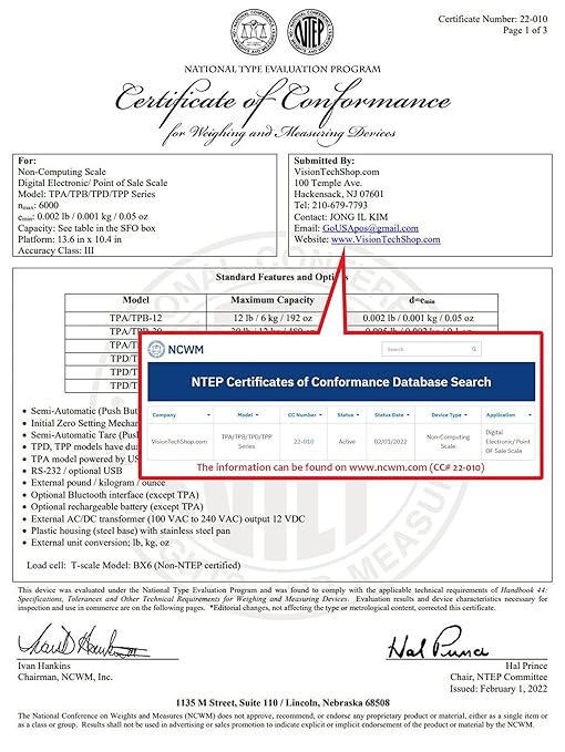 VisionTechShop TPB-60LB, POS Interface Portion Scale with Most ECR's and POS Systems, Lb/Oz/Kg Switchable, 60lb Capacity, 0.01lb Readability, Dual Display, NTEP Legal for Trade COC #22-010