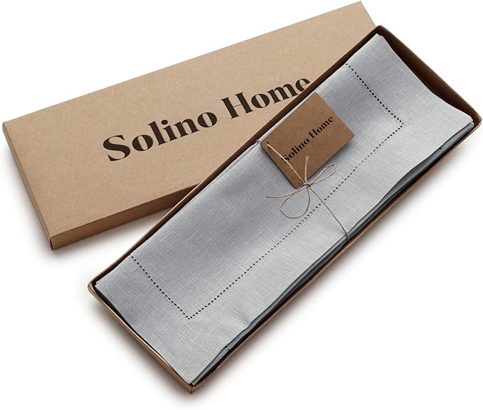 Solino Home Linen Placemats Set of 4 - Classic Hemstitch Soft Grey Placemats 14 x 19 Inch - 100% Pure Linen Table Mats for Fall, Autumn, Thanksgiving, Christmas, Winter