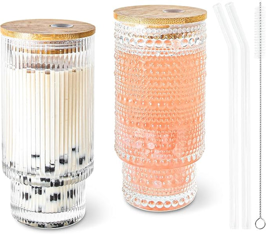 11 oz Drinking Glasses Cups Set of 2 with Bamboo Lids Straws Brush Vintage Small Glassware Set for Mojito Iced Coffee Cocktail Whiskey(Ribbed & Hobnail)