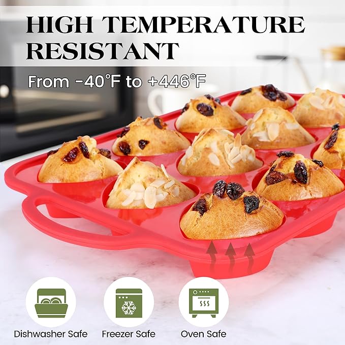 1 Pc Heart Shaped Muffin Pan with Metal Reinforced Frame 12 Cup Nonstick Silicone Heart Cake Mold for Baking 2.5 Inch Cupcake Tray (Red)