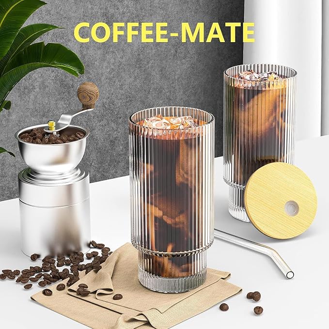 Glass Cups, 16OZ Vintage Glass Coffee Cups with Lids and Straws 8 Set, Vintage Glassware for Whiskey Cocktail Beer, Iced Coffee Cups with Lid, Glass Tumbler with Straw and Lid