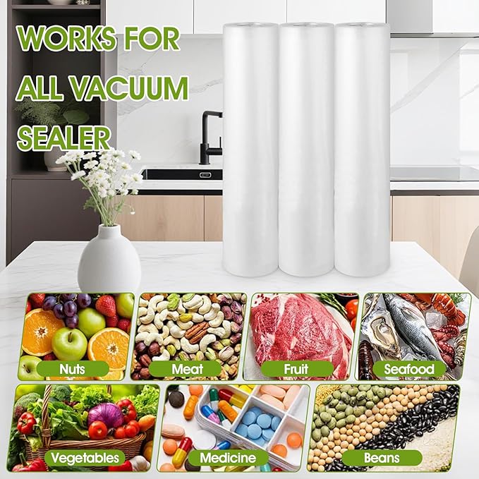 3 Rolls Vacuum Sealer Bags Compatible with Anova & Foodsaver Vacuum Sealer, Commercial Grade Vacuum Sealer Bags (11 in x 16.4 ft) BPA Free Food Vac Bags for Food Storage, Sous Vide