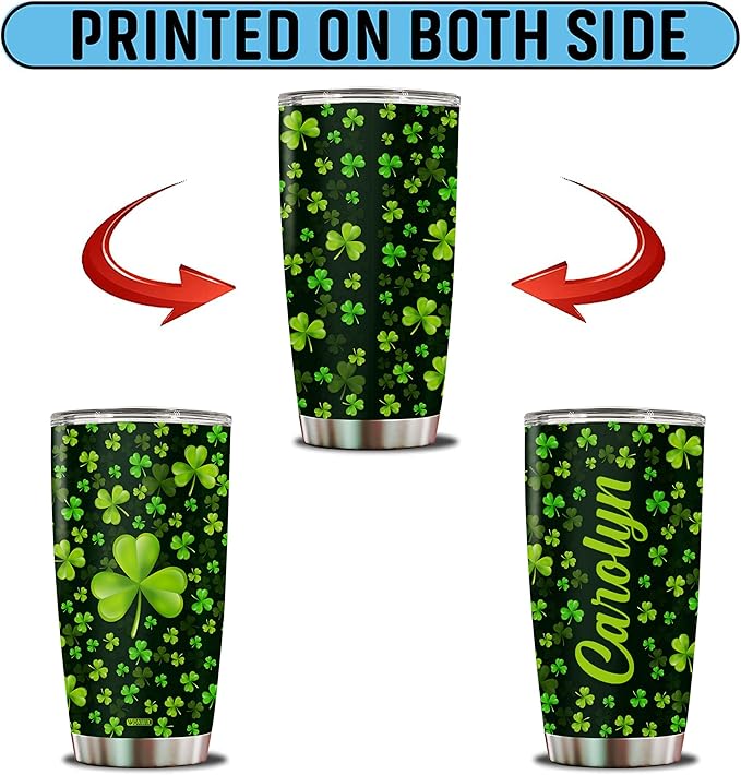 Personalized Green Irish Shamrocks Tumbler For Women with Lid Insulated 20 oz Stainless Steel Water Bottle Coffee Cup Travel Mug Gift For Mom Daughter Wife Girls