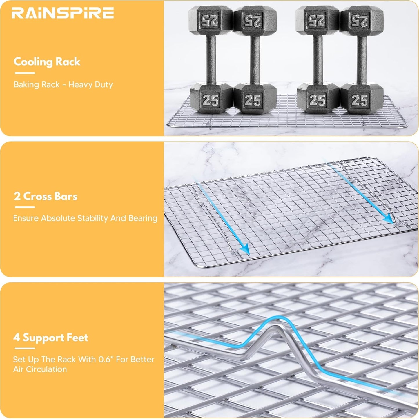 Oven-Safe Dishwasher-Safe 100% 304 Stainless Steel Cooling Rack 10" x 15" Heavy Duty Tight-Wire Set of 2 Fits Jelly Roll Pan Half Sheet Pan